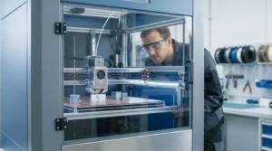 Engineer inspecting a 3D printer creating a white model.