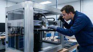 Technician examining a 3D printer in a lab