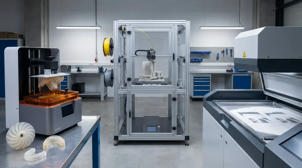 3D printing lab with SLA printer, FDM printer, and SLS printer showcasing additive manufacturing technology.