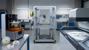 3D printing lab with SLA printer, FDM printer, and SLS printer showcasing additive manufacturing technology.