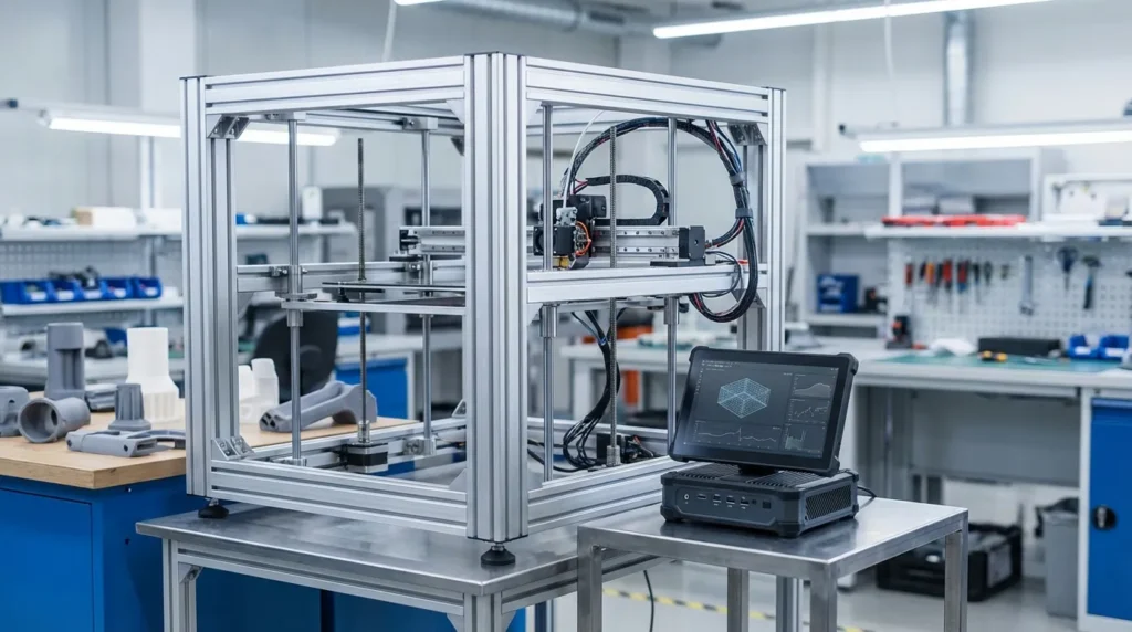 3D printer in a workshop, showcasing additive manufacturing technology.