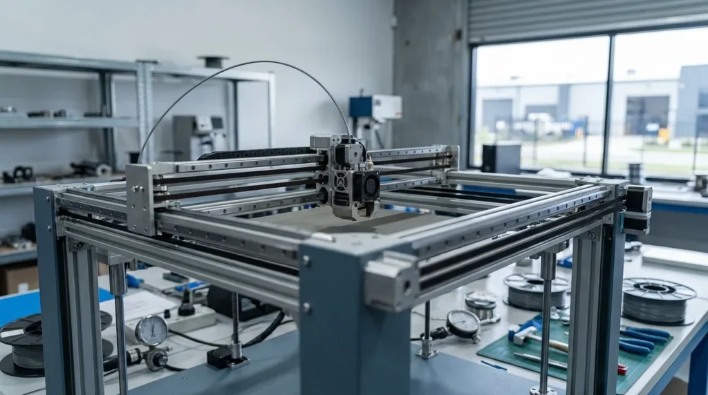 Close-up of a 3D printer in a workshop setting, showing the printing head and build plate.