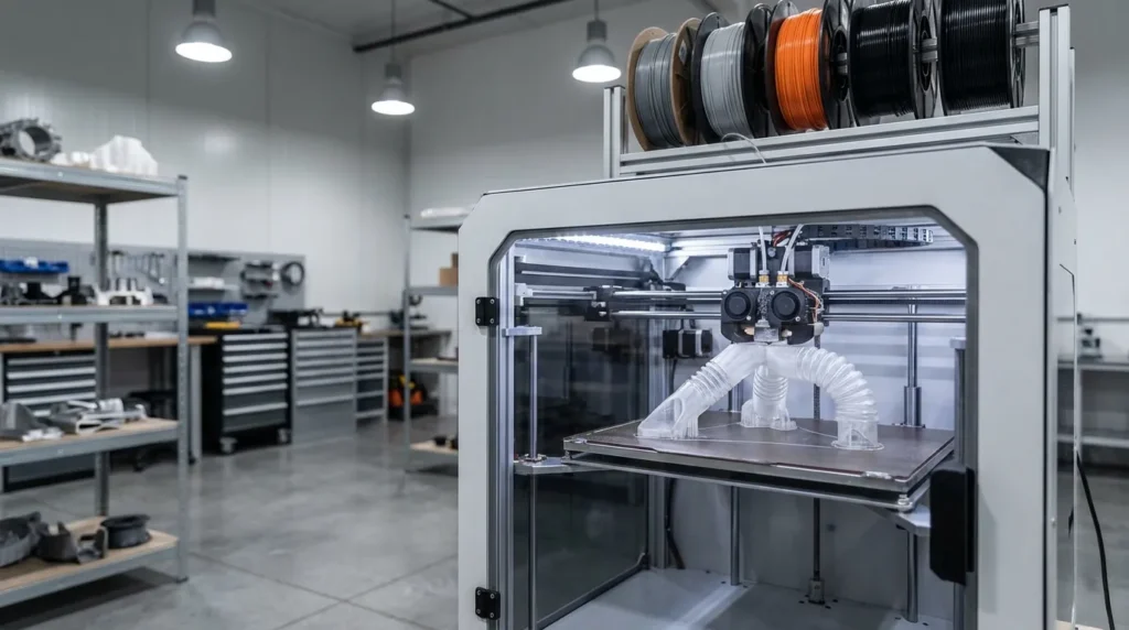 3D printer creating a white object in a modern workshop