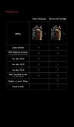 DXC 2 Extruder packing list: Basic and Advanced packages showing included parts.
