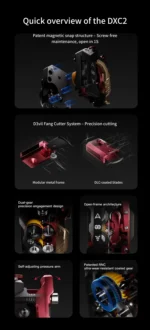 DXC 2 Extruder: Features patent magnetic snap, D3vil Fang Cutter, dual-gear design, open architecture, and self-adjusting pressure arm.