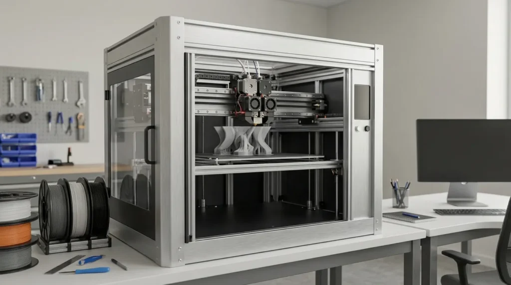 Enclosed 3D printer creating a white vase-like object in a workshop setting.