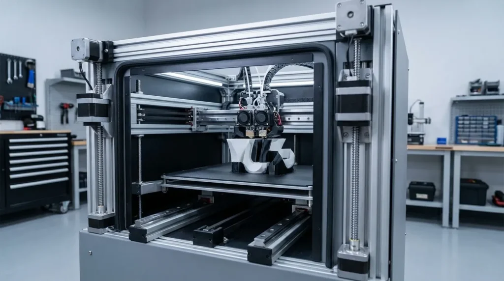 Industrial 3D printer creating a white and black prototype in a workshop environment.