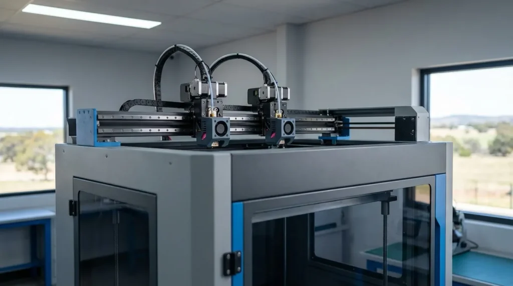 Dual extrusion 3D printer with visible print heads and enclosed build chamber.