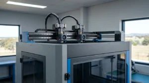 Dual extrusion 3D printer with visible print heads and enclosed build chamber.