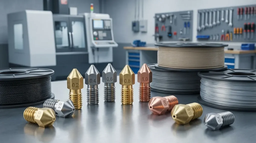 3D printer nozzles in various sizes and materials on a metal surface.