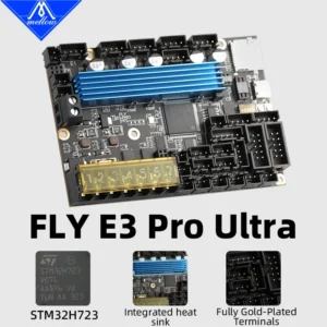 FLY E3 PRO Ultra Control Board: 3D printer controller with STM32H723, integrated heatsink, and fully gold-plated terminals.