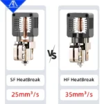 NF-Crazy Hotend: SF HeatBreak vs HF HeatBreak, showing 25mm³/s and 35mm³/s flow rates for 3D printers.