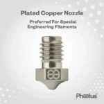 Phaetus plated copper 3D printer nozzle, preferred for special engineering filaments. Phaetus logo visible.
