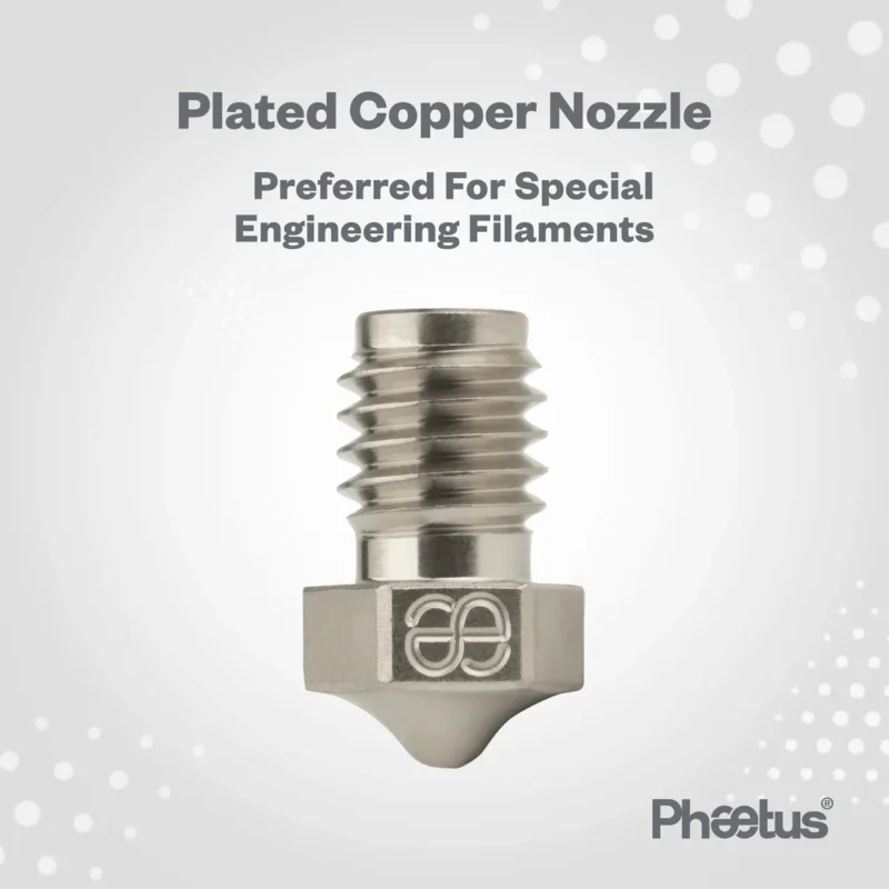 Phaetus plated copper 3D printer nozzle, preferred for special engineering filaments. Phaetus logo visible.