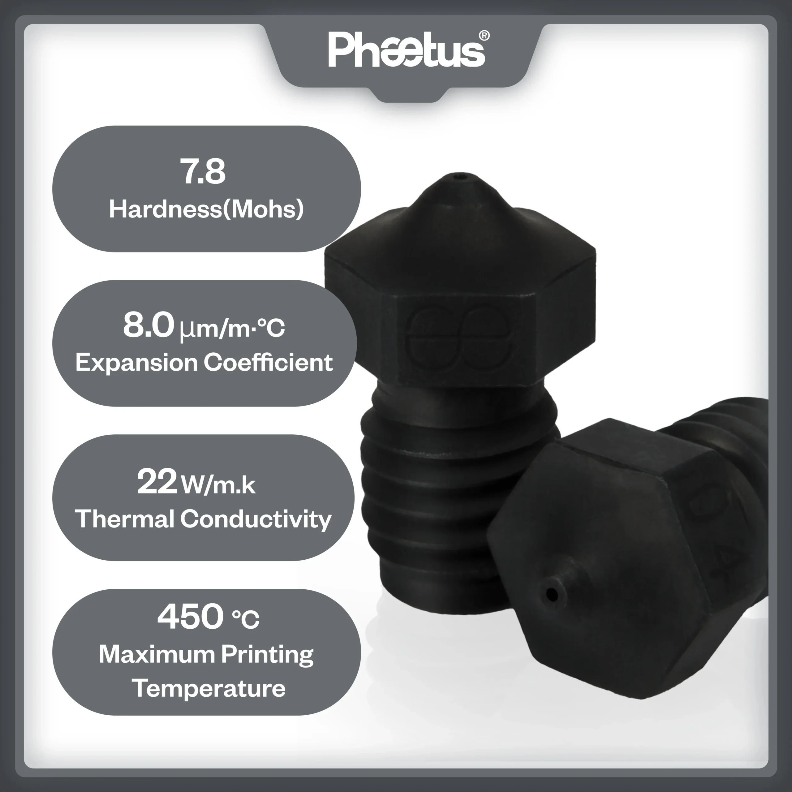 PS Hardened Steel Nozzle: Black, wear resistant 3D printer nozzle with 450°C max temp, 7.8 Mohs hardness, and 22 W/m.k thermal conductivity.