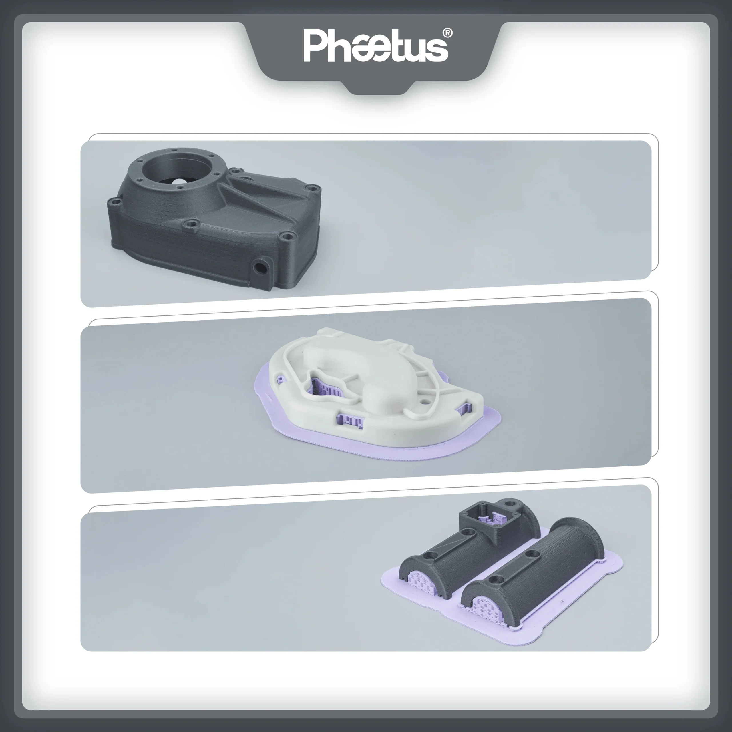 PS Hardened Steel Nozzle: 3D printed parts, showing stages with support structures in gray and white
