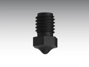 PS Hardened Steel Nozzle: Black 3D printer nozzle with threads and hexagonal base.