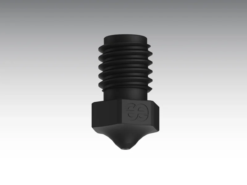 PS Hardened Steel Nozzle: Black 3D printer nozzle with threads and hexagonal base.