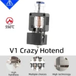 NF-Crazy Hotend: 3D printer hotend with black heat block, silver heat sink, and nozzle.