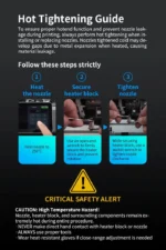 Phaetus Conch Hotend H2D M4 EndCoat Nozzle_0.4mm hot tightening guide: heating, securing heater block, and tightening for optimal 3D printing.