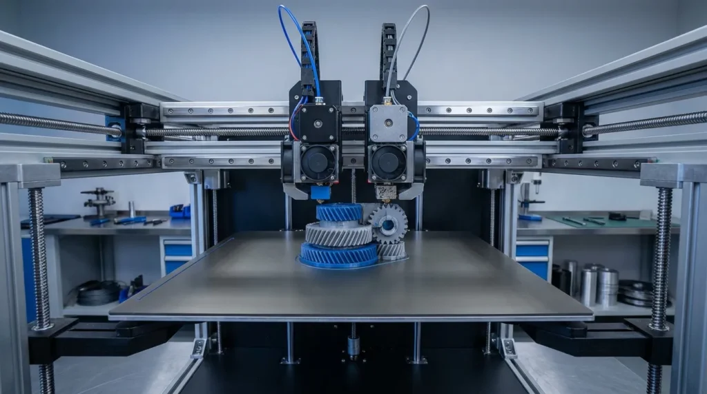 Option 1: 3D printer creating blue and gray gears using additive manufacturing.