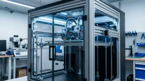 Enclosed dual-extruder 3D printer in a workshop setting with precision tools.