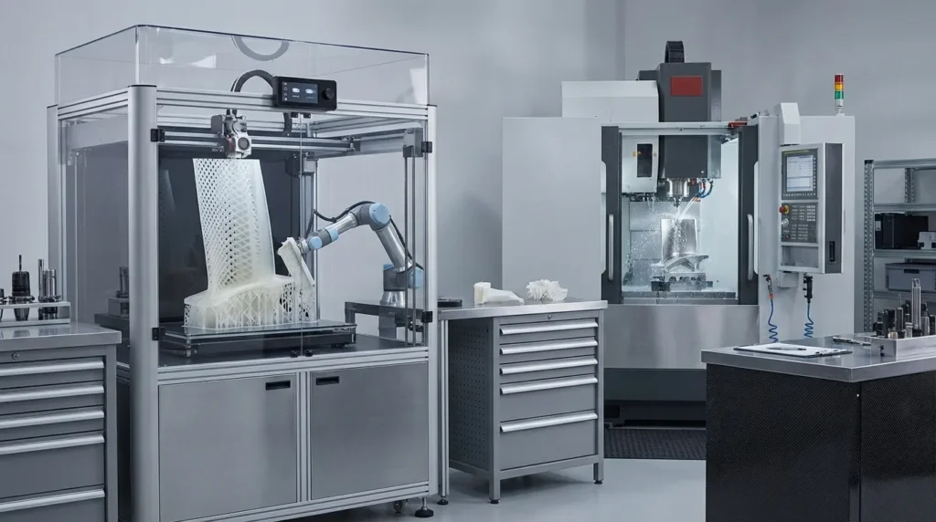 Automated manufacturing cell with 3D printer, robotic arm, and CNC milling machine.