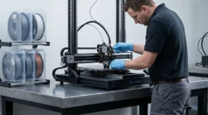 Engineer adjusting a 3D printer for prototyping in a manufacturing setting.