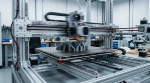 3D printer creating a complex black object in a workshop setting.