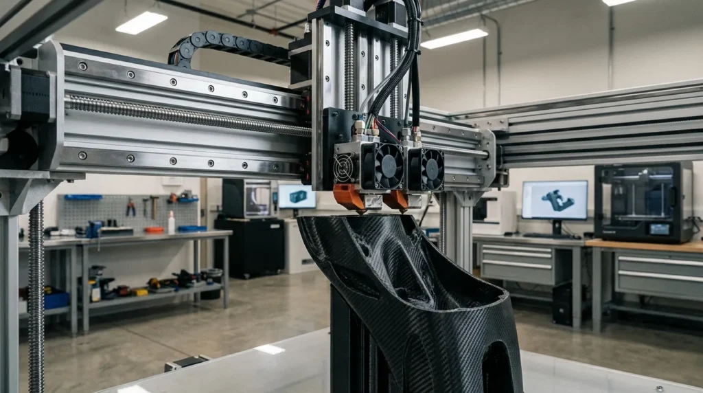 Large-scale 3D printer creating a carbon fiber part in a workshop setting.
