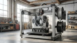 Large 3D printer creating a complex geometric object in a workshop setting.