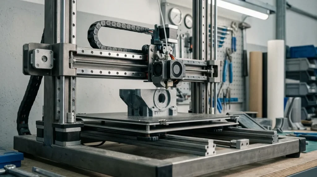 3D printer creating a gray prototype part in a workshop setting.