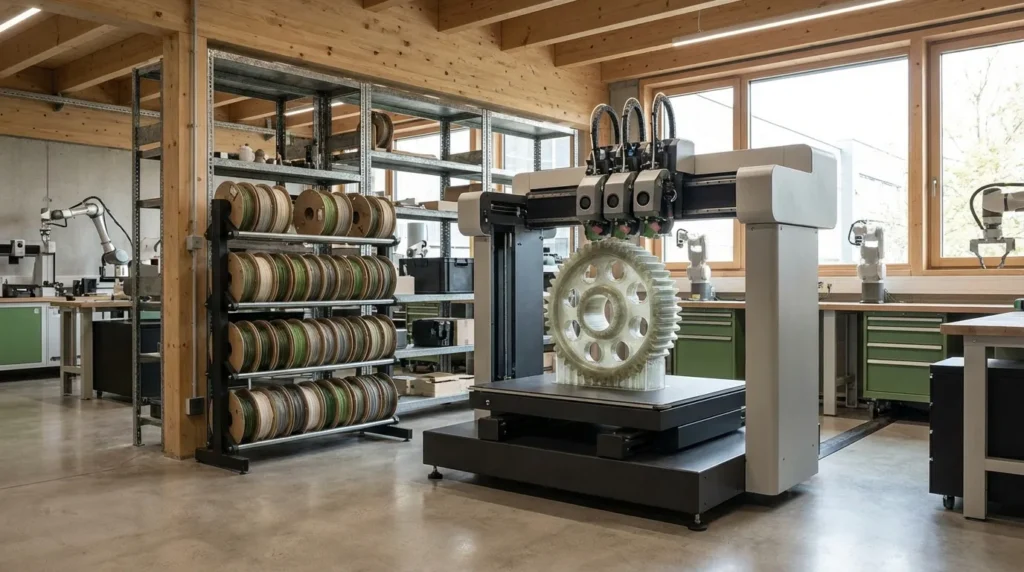 3D printer in a workshop creating a large white gear