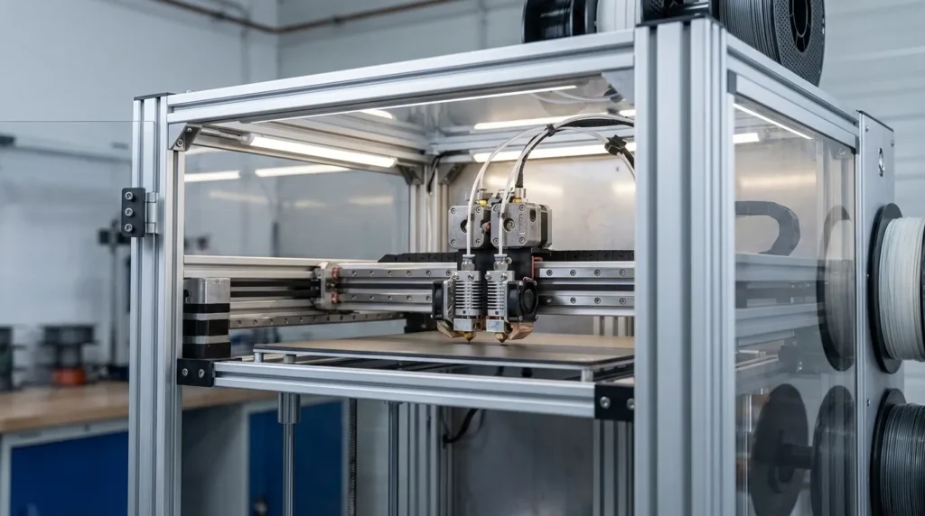 Enclosed 3D printer with dual extruders printing an object on a print bed.