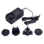 Black universal AC adapter power supply with interchangeable plugs and inline switch