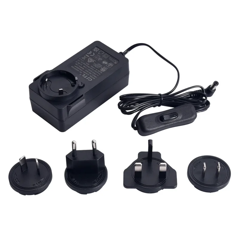 Black universal AC adapter power supply with interchangeable plugs and inline switch