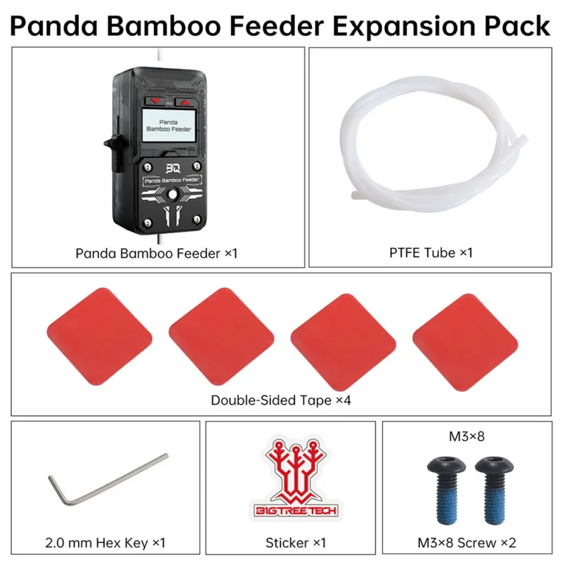 Panda Bamboo Feeder Expansion Pack: Includes feeder, PTFE tube, double-sided tape, hex key, sticker, and screws.