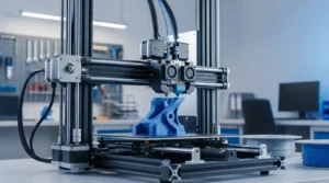 3D printer creating a blue plastic object in a workshop setting.