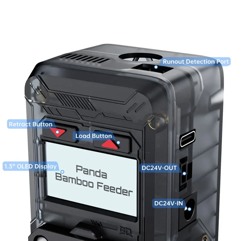 Panda Bamboo Feeder: Close-up of the 3D printer filament feeder with OLED display, load/retract buttons, and DC power ports.