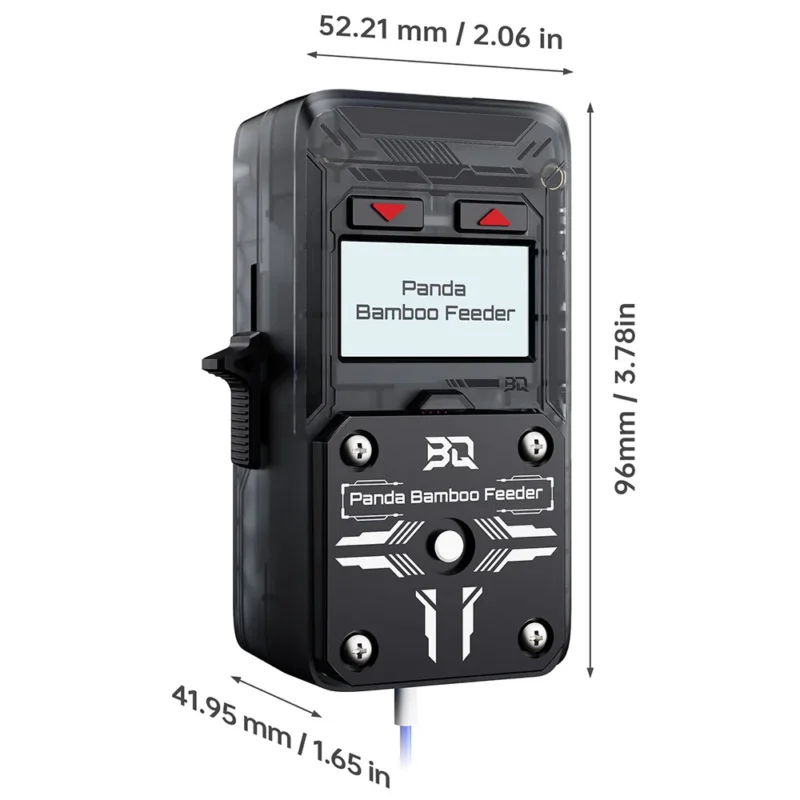 Panda Bamboo Feeder: Black electronic device with LCD screen and buttons, dimensions 52.21mm x 96mm x 41.95mm