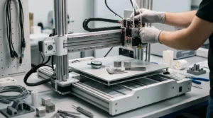 Technician adjusting a 3D printer, showcasing home 3D printing setup.