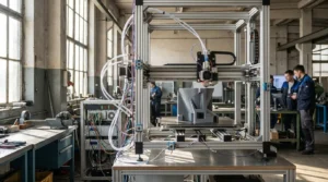 Large 3D printer in a workshop producing a gray object with engineers nearby.