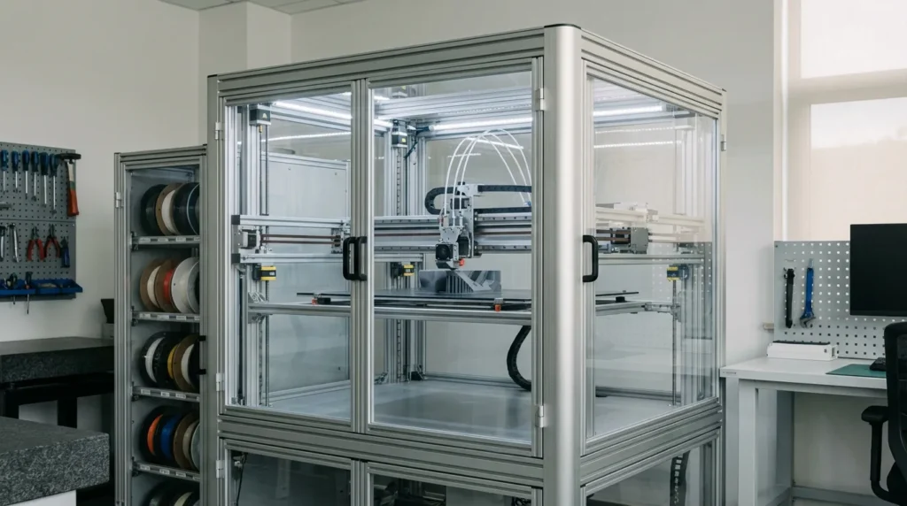 Large-format 3D printer enclosed in a frame with filament spools visible nearby.