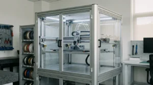 Large-format 3D printer enclosed in a frame with filament spools visible nearby.