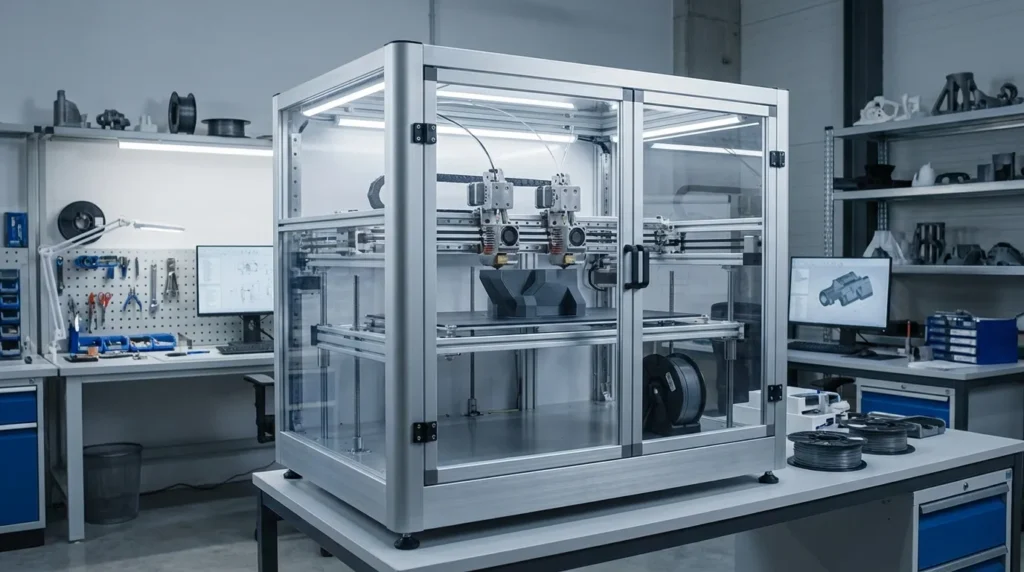 Dual-extruder 3D printer creating a complex part in a workshop.