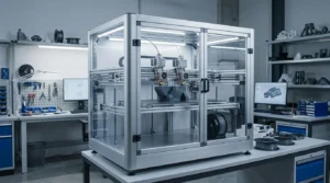 Dual-extruder 3D printer creating a complex part in a workshop.
