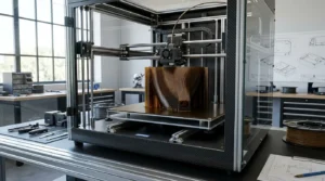 3D printer creating a large, complex brown object in a workshop setting