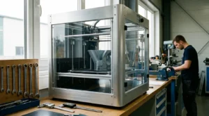 3D printer creating a grey prototype on a workbench with tools