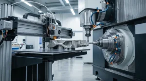 CNC machine milling a complex metal part with precision and coolant.