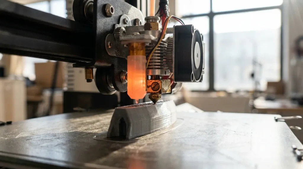 3D printer nozzle extruding gray filament, creating a layered object